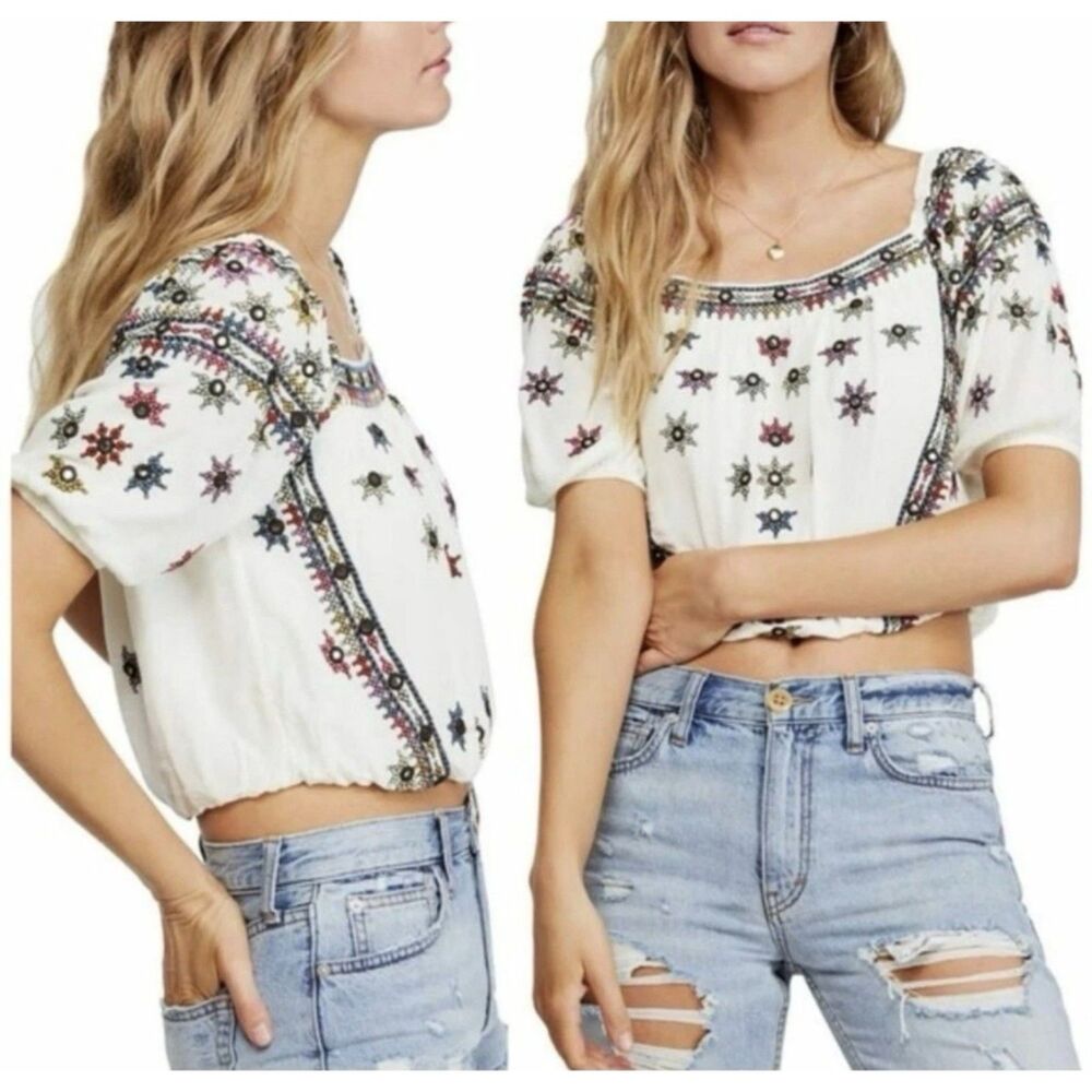 Free People Aurura Floral Embroidered Blouse Boho Top off Shoulder Boho Size XS